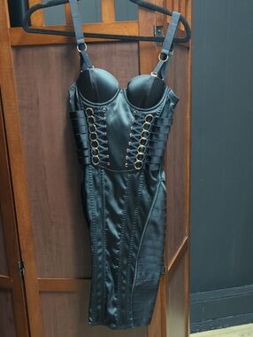 Honey Birdette Black Lace-Up Faux Leather Midi Dress with Gold Rings